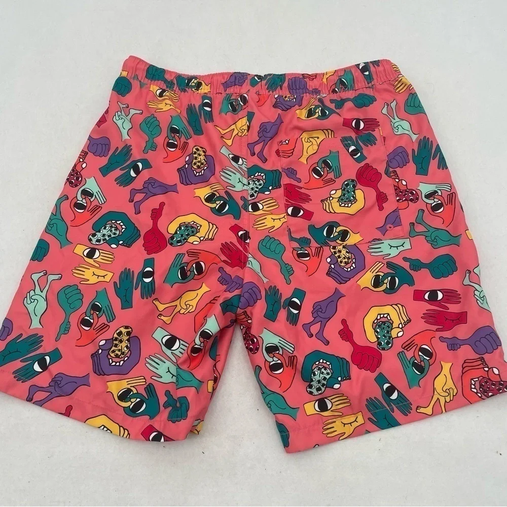 EMPYRE Men’s Swim Trunks Pink Hands/Feet print size: Large